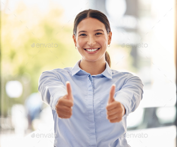 Thumbs up emoji for motivation, success and praise for support, luck and thanks. Portrait of happy,