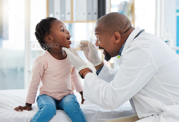 Doctor, child, mouth and throat exam in healthcare hospital wellness room and medical consulting cl