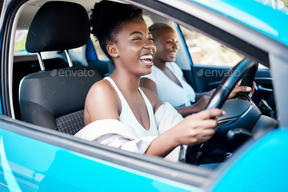 Woman driving, friends and roadtrip for a fun and happy drive while enjoying their vacation, trip a