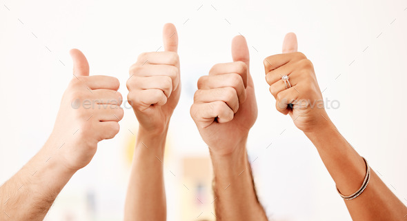 Group thumbs up, vote or like hand emoji sign or gesture closeup on white wall mockup. Thank you, y