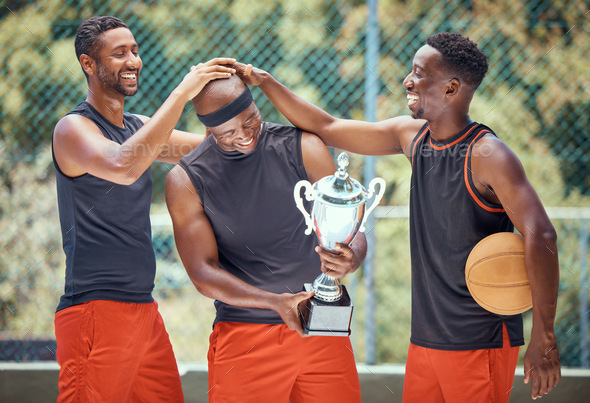 Basketball game, team sports and trophy winner in sport competition on court, collaboration for win - Stock Photo - Images