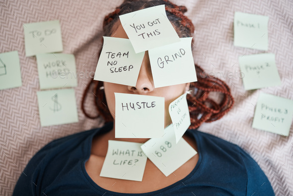 Woman, sticky notes and face in busy schedule, overworked or overwhelmed with work and tasks on be