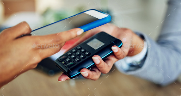 Customer tapping phone for mobile nfc payment, digital transaction and money transfer for a quick,
