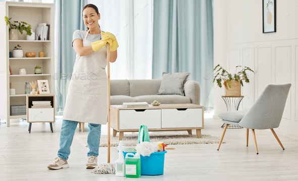 Happy woman cleaning home floor, house work and smile in home service mopping living room, job with