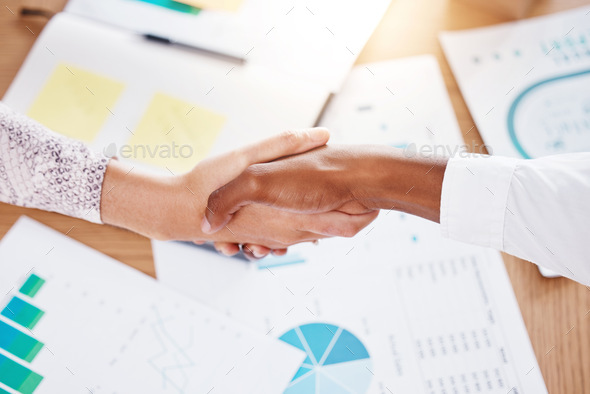 Handshake, business deal and partners shaking hands after meeting and consulting about agreement, p