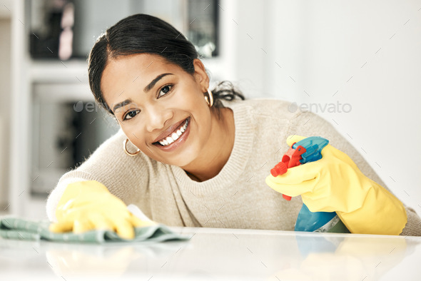 Cleaning, portrait and maid chores at home or Spring clean. Household maintenance using gloves to w