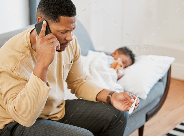 Worried, concerned and serious father talking on phone call, caring for sick son and taking tempera - Stock Photo - Images