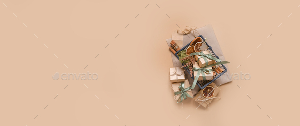 Christmas gift. gift box,zero waste, eco friendly hand made box packaging gifts in kraft paper table - Stock Photo - Images