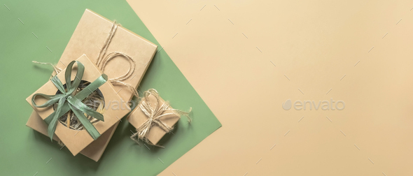 Christmas.Christmas gift box zero waste,Boxing Day, eco friendly packaging gifts kraft paper eco chr - Stock Photo - Images