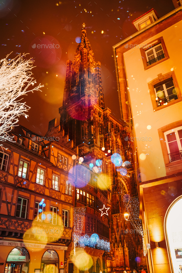 STRASBOURG, FRANCE - December 2020 - Cathedral Notre Dame with Christmas illuminations