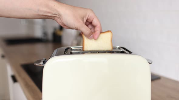 close up of hand are puting toasts bread in toaster in the kitchen. Includes kitchen appliance 