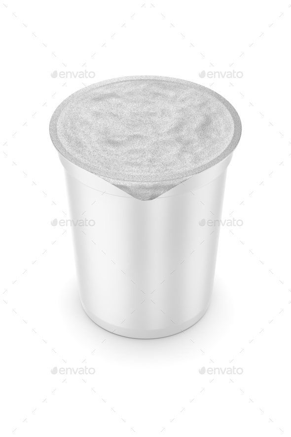 Plastic cup for dairy food with foil lid Isolated. 3D rendering. - Stock Photo - Images