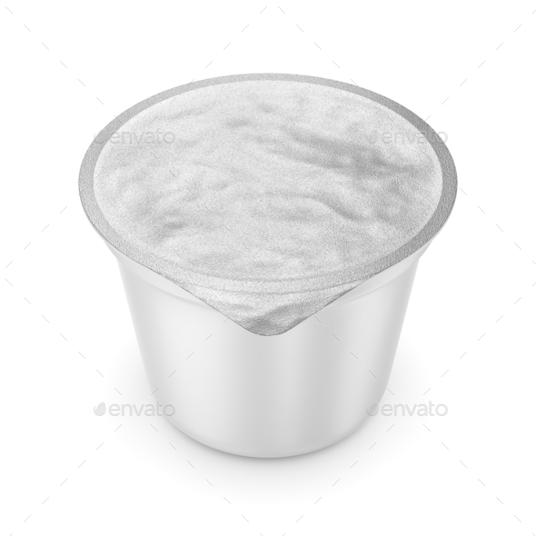 Plastic cup for dairy food with foil lid Isolated. 3D rendering. - Stock Photo - Images