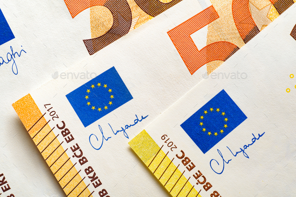 Euro Currency in a row. European Union symbol on the paper banknotes. - Stock Photo - Images