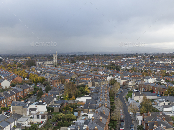 Street and house in the suburbs of Dublin, Ireland, Aerial view - Stock Photo - Images
