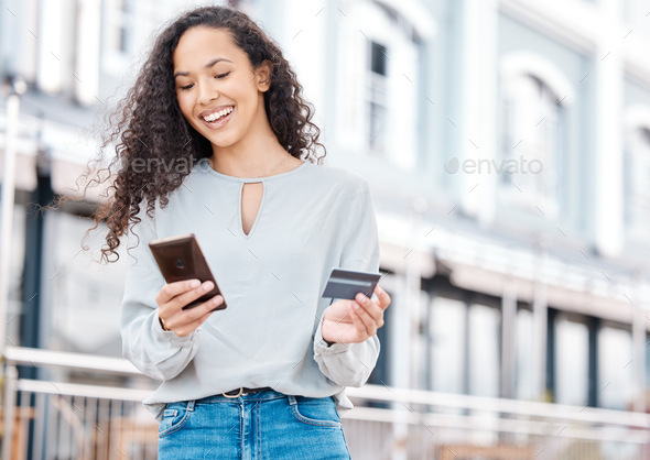 Fashion woman, phone and ecommerce online shopping in city with fintech, e commerce app and credit - Stock Photo - Images