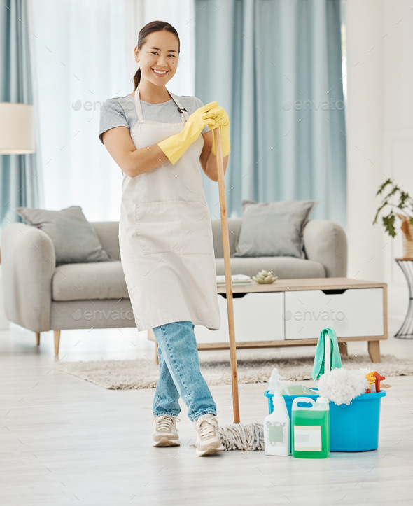 Cleaning floor, house work and woman working in home service mopping living room, doing job with sm