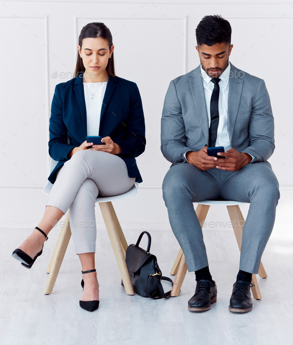 Hiring, interview and diversity of business man and woman on a phone waiting. Corporate hire proces