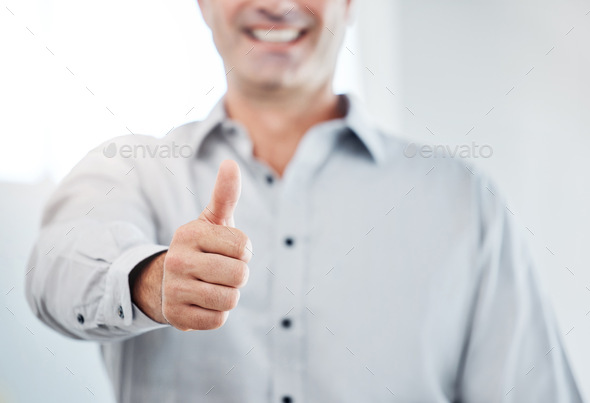 Businessman thumbs up, vote or like hand emoji for promotion, success or trust with mock up. Profes