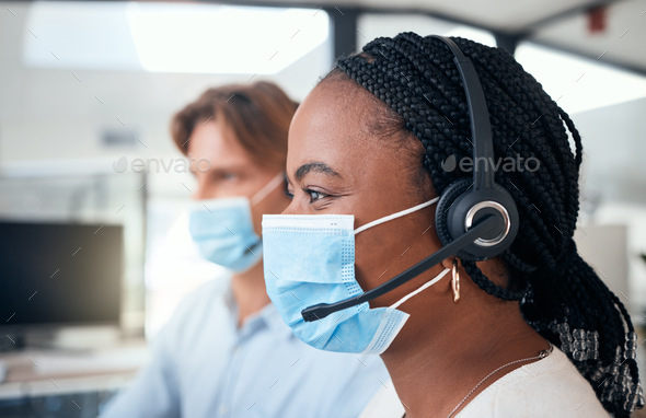 Black call center woman with mask, customer service and telemarketing agent stoping the spread of c