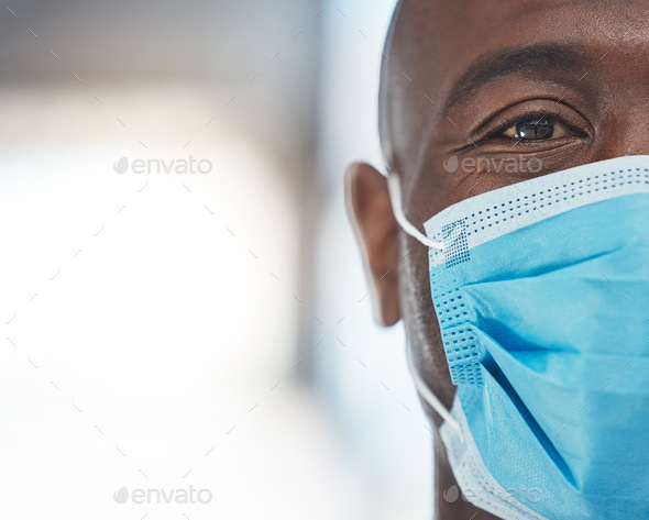 Black man doctor with covid face mask face portrait for African healthcare insurance. Sad, fear and