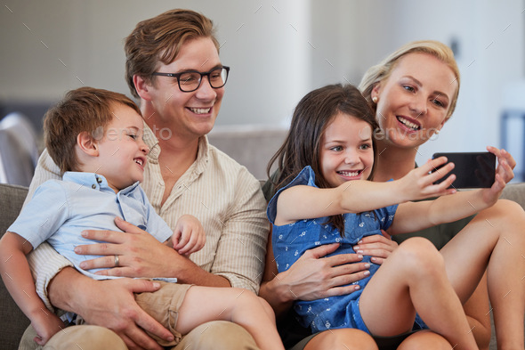 Family selfie, live streaming phone and girl on the internet with technology, smile for mobile app