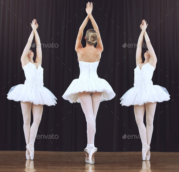 Abstract dance performance by ballet team performing creative dancing routine on theater stage. Par