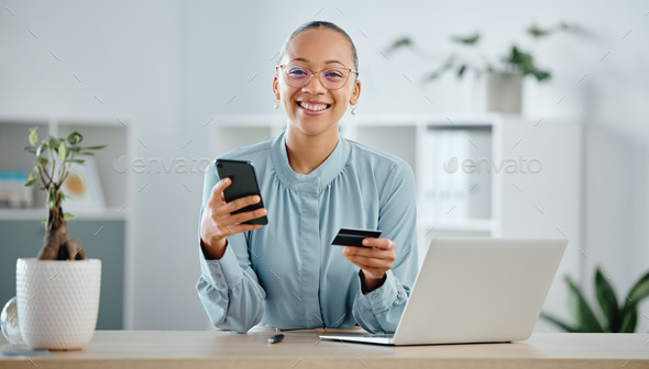 Businesswoman, finance advisor and executive shopping online with a phone and credit card in an off