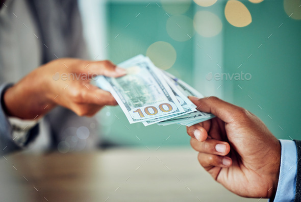 Hands, dollars and businessmen exchanging cash at a bank, making a purchase or deal. Closeup of mon