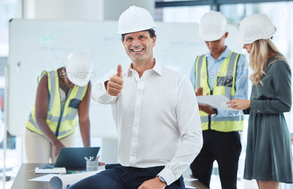 Thumbs up, like or success emoji of engineer, architect or business manager strategy planning or te