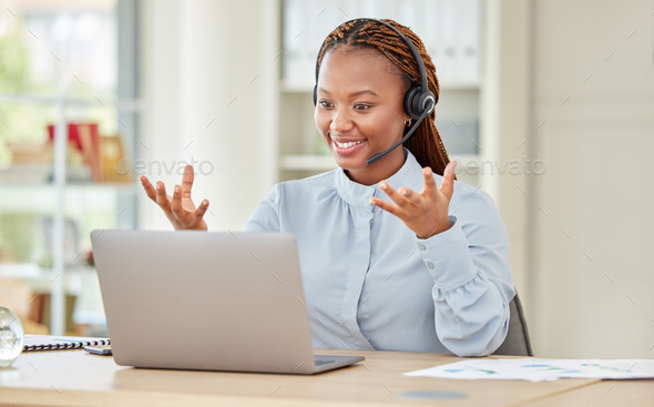 Black woman, laptop webinar or workshop training on online zoom meeting in company or startup offic