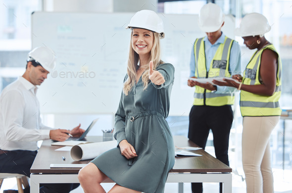 Thumbs up, success and hand emoji of architect business woman or engineer portrait smile, working w
