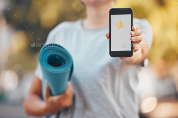 Smartphone, yoga and software mock up app, advertising or marketing with outdoor green park bokeh.