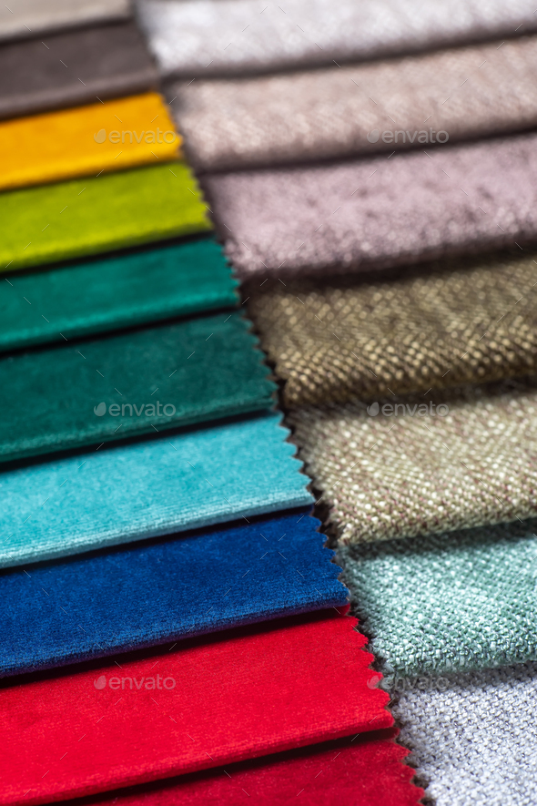 Multi Colored Set Of Upholstery Fabric Samples For Selection, Collection Of Textile Swatches