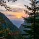Sunrise between Forest in seven lakes valley hiking trail, Slovenia - PhotoDune Item for Sale