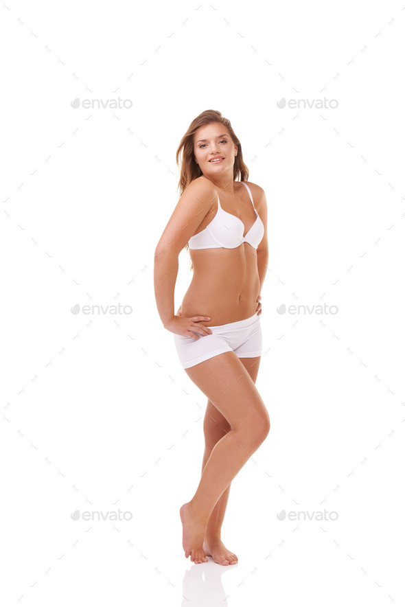 Model in White Underwear on an Isolated Background Stock Photo