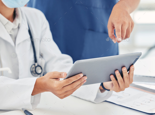 Nurse and doctor with digital tablet report, lab results or healthcare medical records. Innovation,