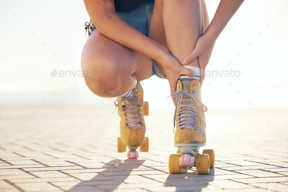 Roller skate, foot injury and woman athlete check feet and ankle sports pain in summer. Exercise, f