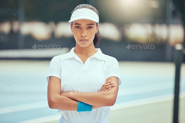 Tennis, game and angry cross woman on a sport court upset about game call, exercise and fitness. Po