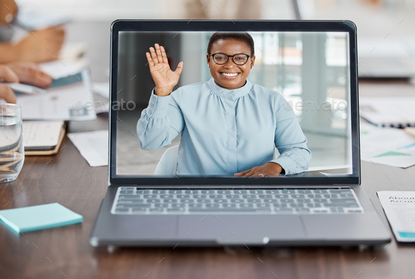 Laptop, video call or zoom conference with black woman, leader or business meeting mentor in traini