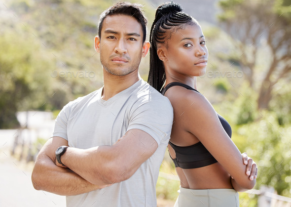Fitness, motivation and couple standing in power, ready to challenge endurance with a cool, proud a