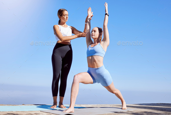 Women, yoga coach and zen workout in a nature environment for relax fitness, training and exercise.