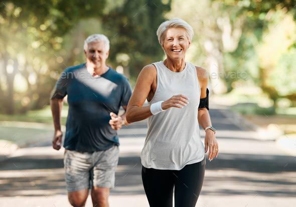 Retirement, couple and running fitness health for body and heart wellness with natural ageing. Marr