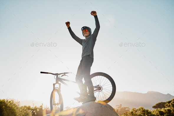 mountain bike, motorcycle man with success, yes or fist pump for fitness achievement goal, motivati