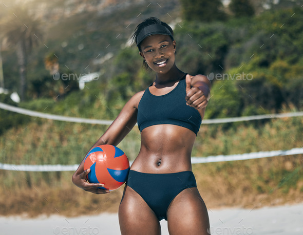 Volleyball, beach and black woman thumbs up for success, fitness winner and summer sports motivatio