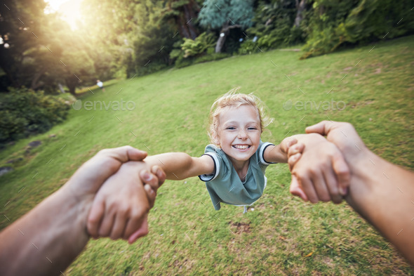 Child swinging from hands in park, pov and happy summer evening. Fun ...