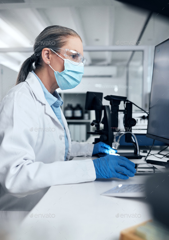 Science woman, covid and computer laboratory research, medical innovation and expert test online. S