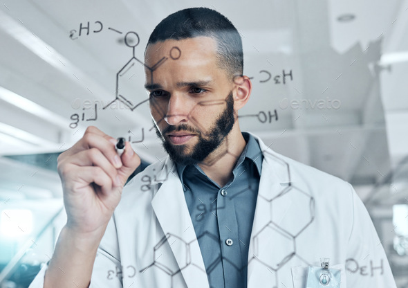Science, glass board and man writing a chemistry equation, formula or algorithm for medical researc