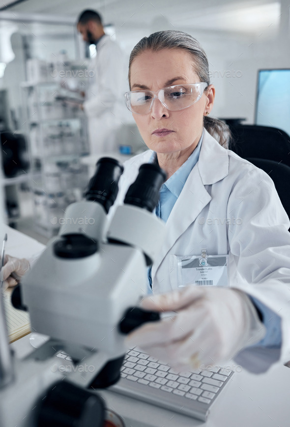 Science microscope, woman professor and laboratory research, medical innovation or biology test. Se