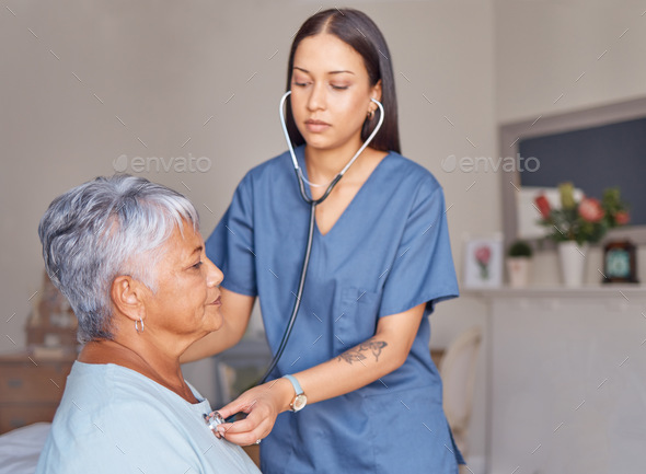 Elderly patient, nursing and nurse with a stethoscope listening to heartbeat during a health consul